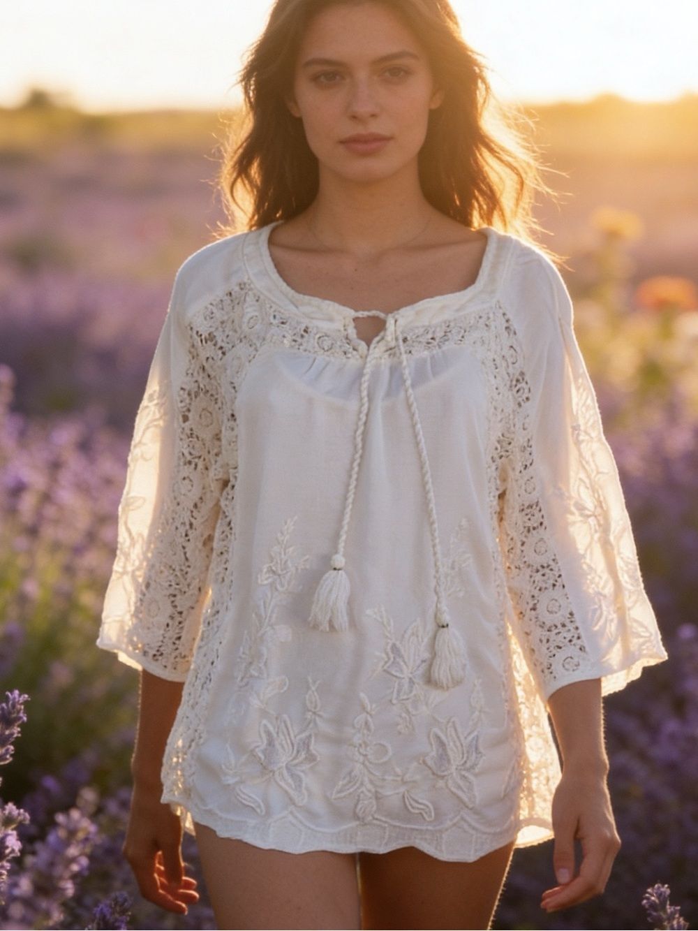 Soft Surroundings Ivory Embroidered Peasant Tunic with Tassel Tie white size M